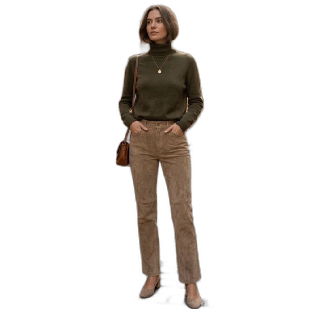 Etcetera Womens Taupe-Tan Soft Suede Leather High Rise Straight Leg Pants Size 4